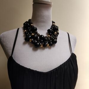 LCI Vintage Black and Gold Toned Tripple Strand Beaded Necklace
